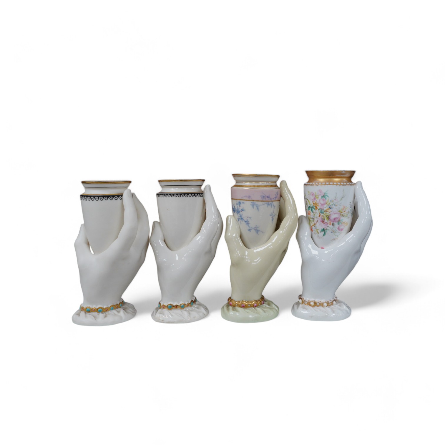 A pair and two other Worcester ‘Harley’s hand’ vases, 15cm. Condition - fair to good, singular rose decorated vase has restored area to upper rim